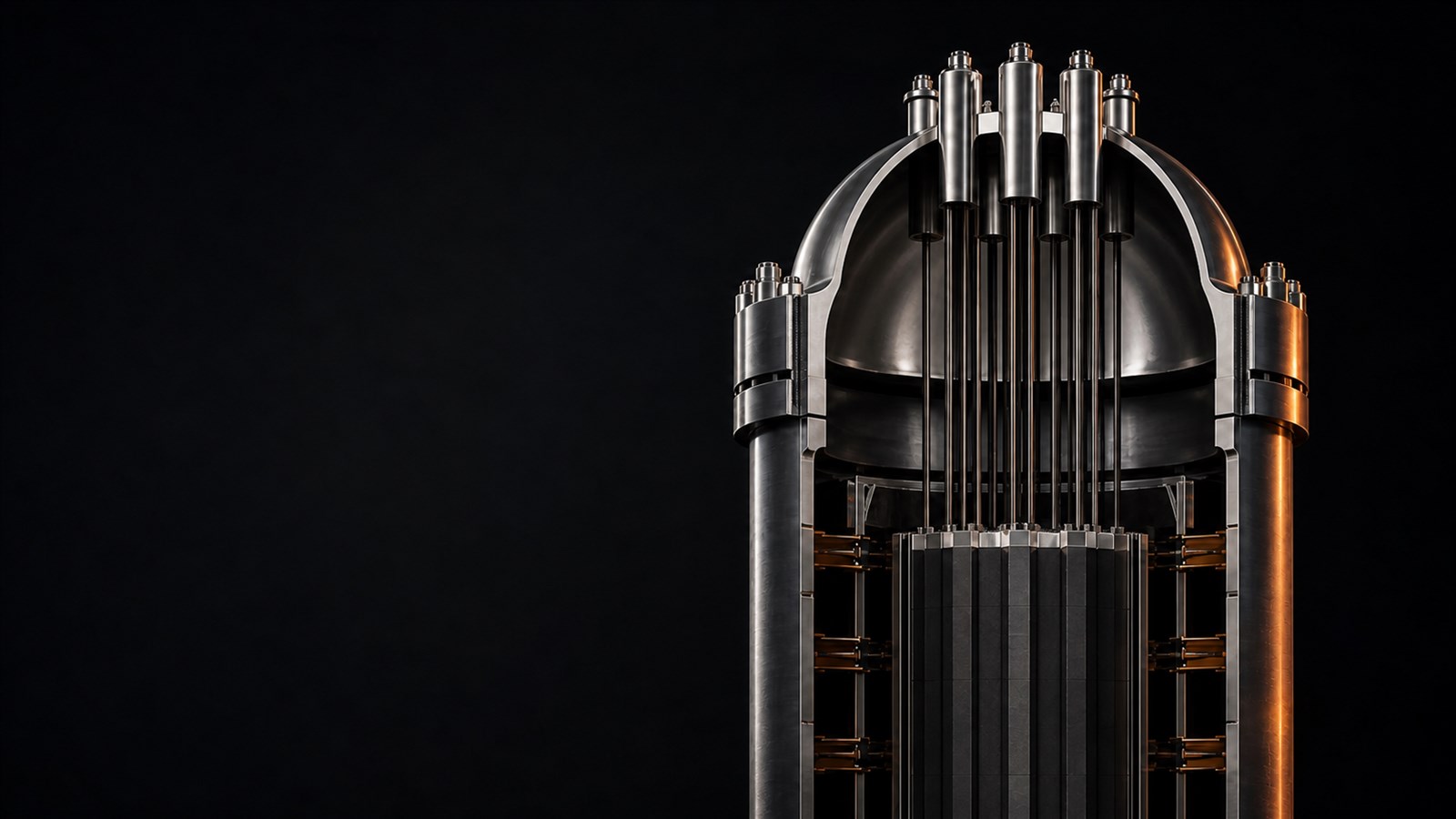 A precision-machined cutaway of a reactor's upper vessel and core region.